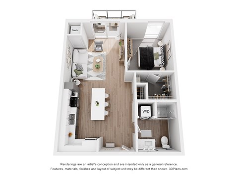 A 3D floor plan of a small apartment with a kitchen, living room, and bedroom.